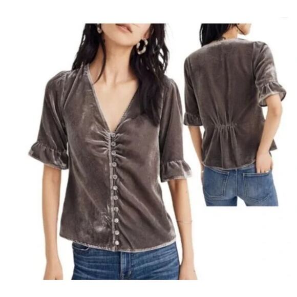 Madewell Velvet Daylight Shirt Blouse women's Size 10 Medium Button Front Ruffle - Picture 1 of 9